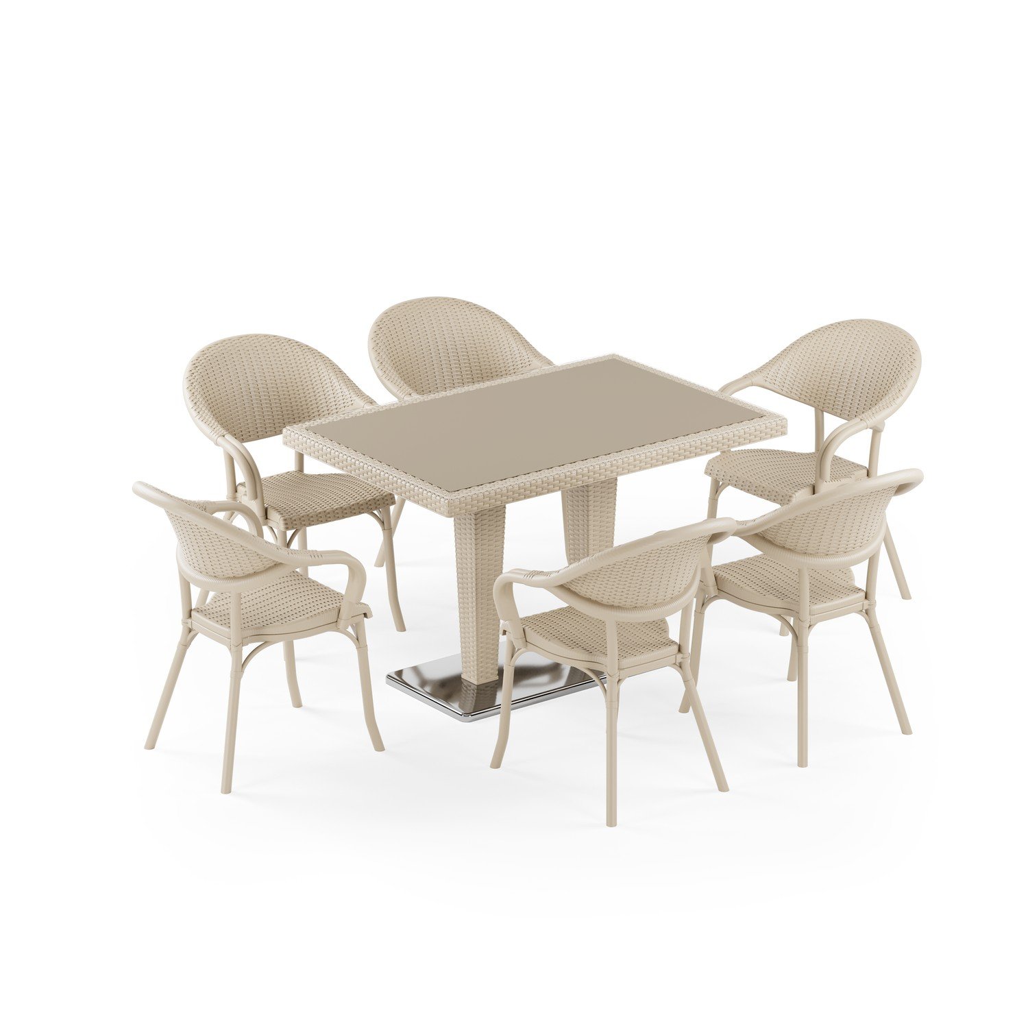 Antares Krom Ayak Camlı 80X120 Flash-R 6 Kişilik Rattan Masa Takımı